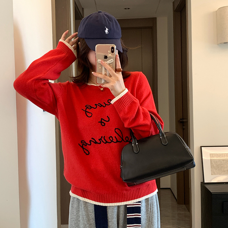 Shuangtian 2026 fashion new plus-size women's knit top, color-block letter pullover sweater for curvy girls FT705