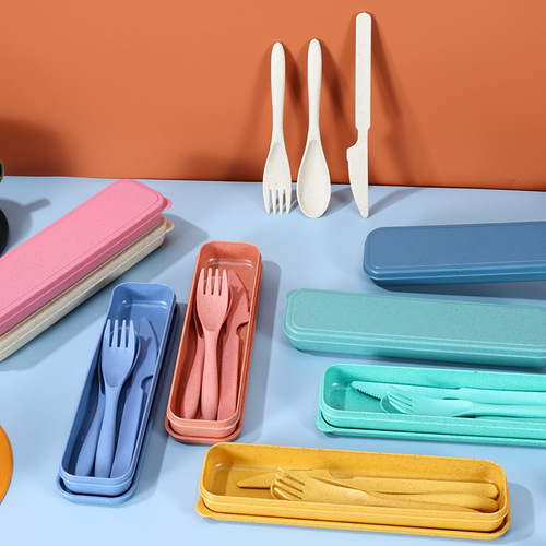 Set of Wheat Straw Tableware Knife, Fork, and Spoon Tri-Set, Student Camping Canteen Outdoor Travel Portable Storage Box