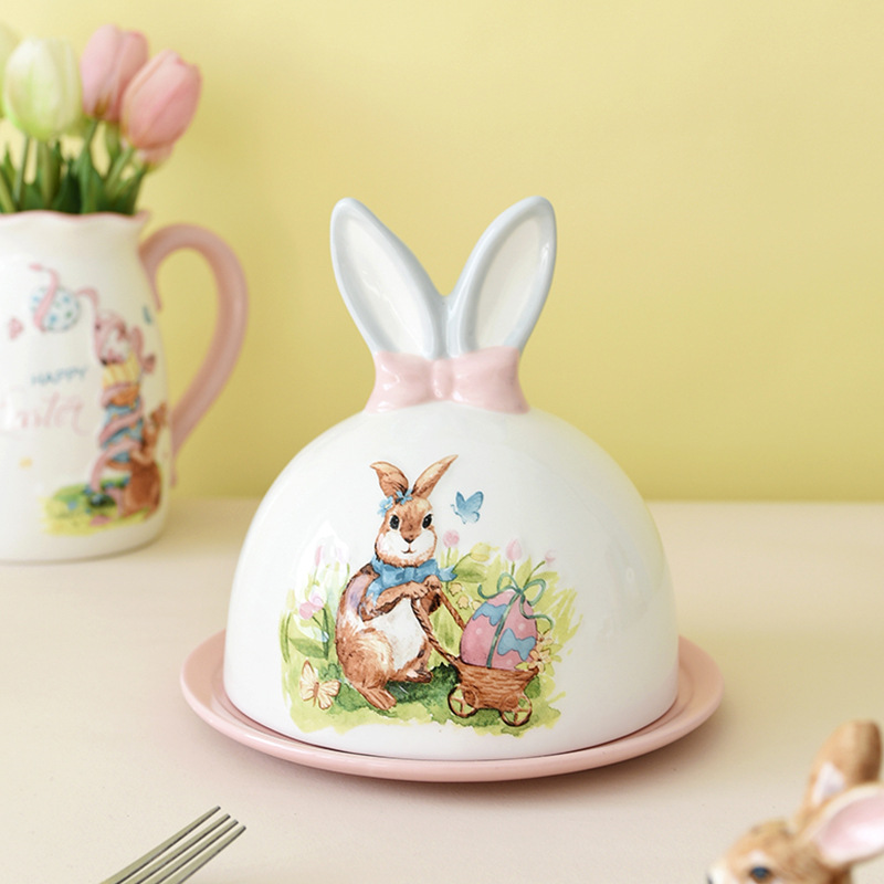 Cerámica de Pascua dibujos animados conejos cubiertos encantadores platos de mantequilla domésticos comercio exterior