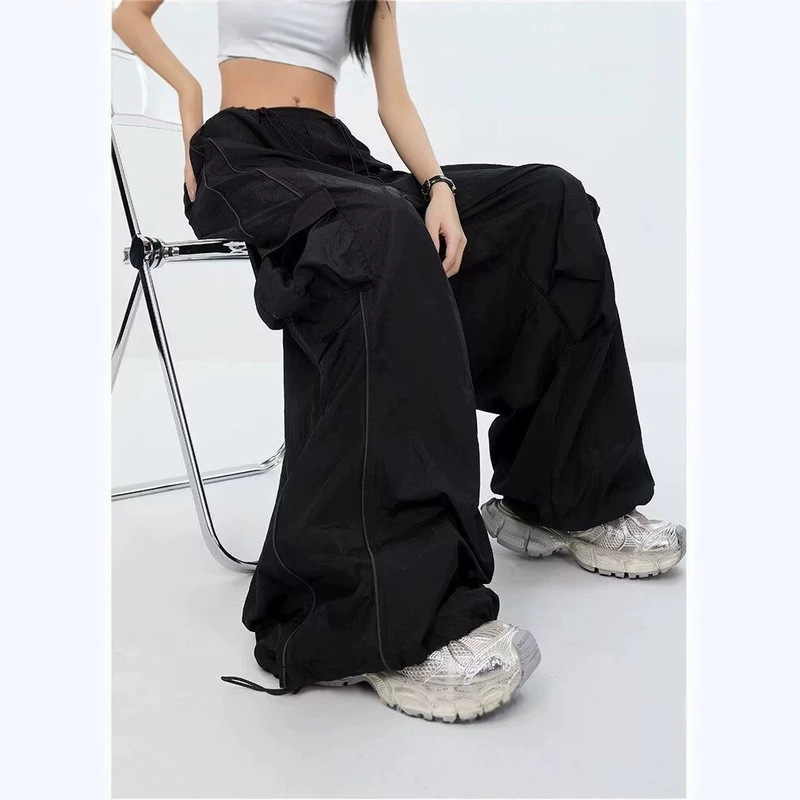 Pleated Large Pocket Wide-Leg Parachute Pants for Men, Summer Loose Casual Jazz Dance Cool Style Drawstring Cargo Pants