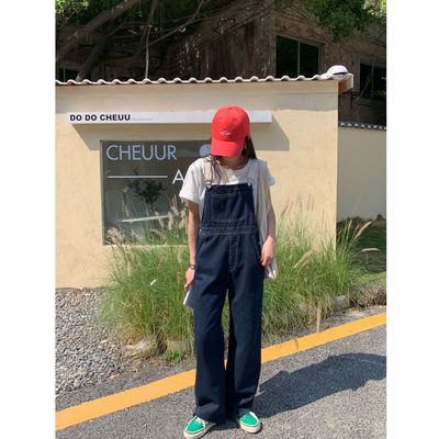 譽壹2021新款十三行女裝批發ins撞色寬松直筒連體褲牛仔背帶褲女