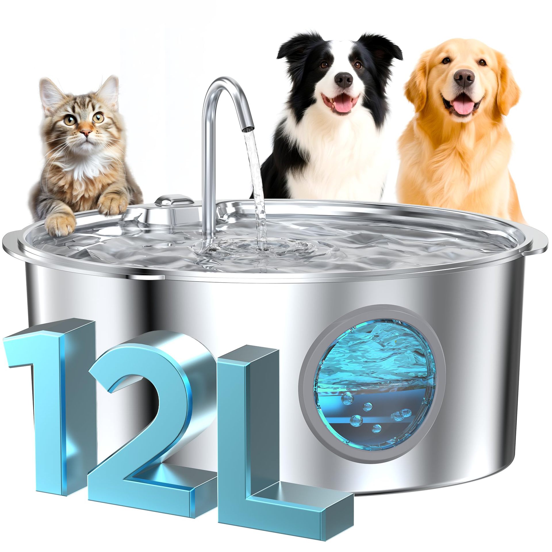 Explosiones transfronterizas 12L de acero inoxidable para mascotas tipo pista redonda de gran capacidad LED para gatos y perros