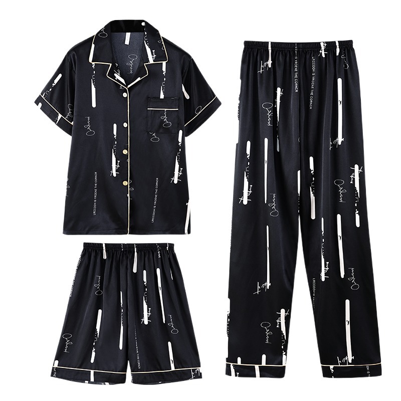 Traje de tres piezas de pijamas de verano de alta calidad para hombres Ropa de hogar de seda real de seda de hielo de manga corta para hombres jóvenes