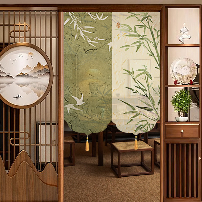 Chinese-Style National Door Curtain Zen Ink Bamboo Flower and Bird Roller Blinds Semi-Transparent Screen Partition Hanging Curtain Decorative Short Curtain