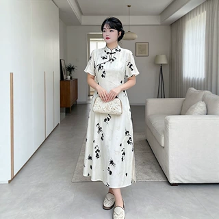 130-320斤加大码女装时尚印花连衣裙夏季微胖mm新中式改良款旗袍