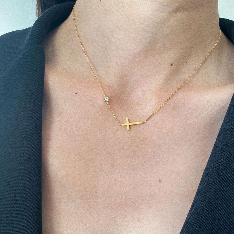 cable chain Chain Type 304 Stainless Steel Zircon Cross Cable Chain Pendant Necklace