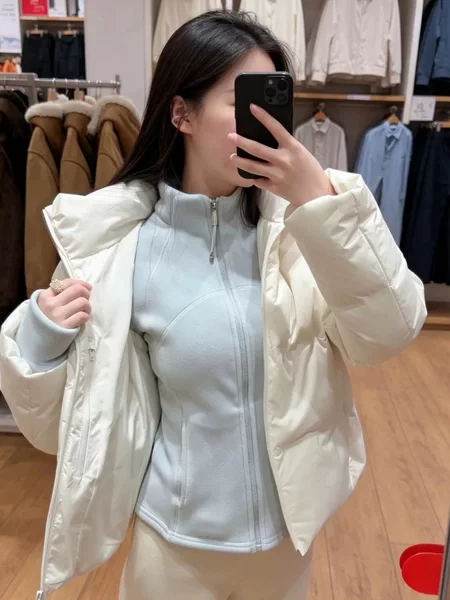 [520g double-sided fleece] Stand-up collar, slim-fit, autumn/winter, fleece-lined, thickened, warm outerwear, waist-cinching down jacket lining