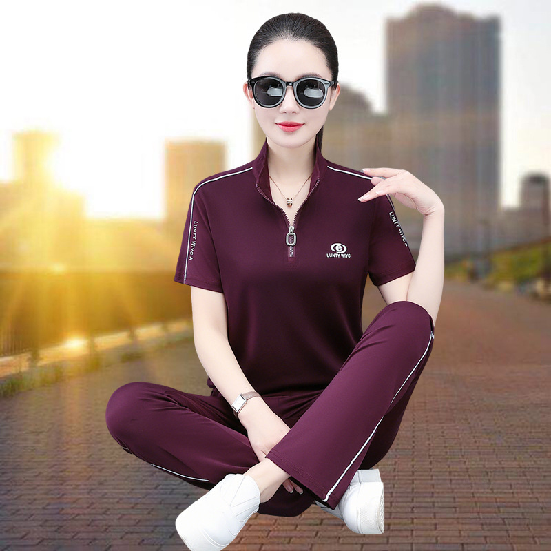 Tencel Roman Ice Silk Quick-Drying Stretch Fashion Casual Sports Suit Women's Summer New Middle-Aged Mom Two-Piece Set