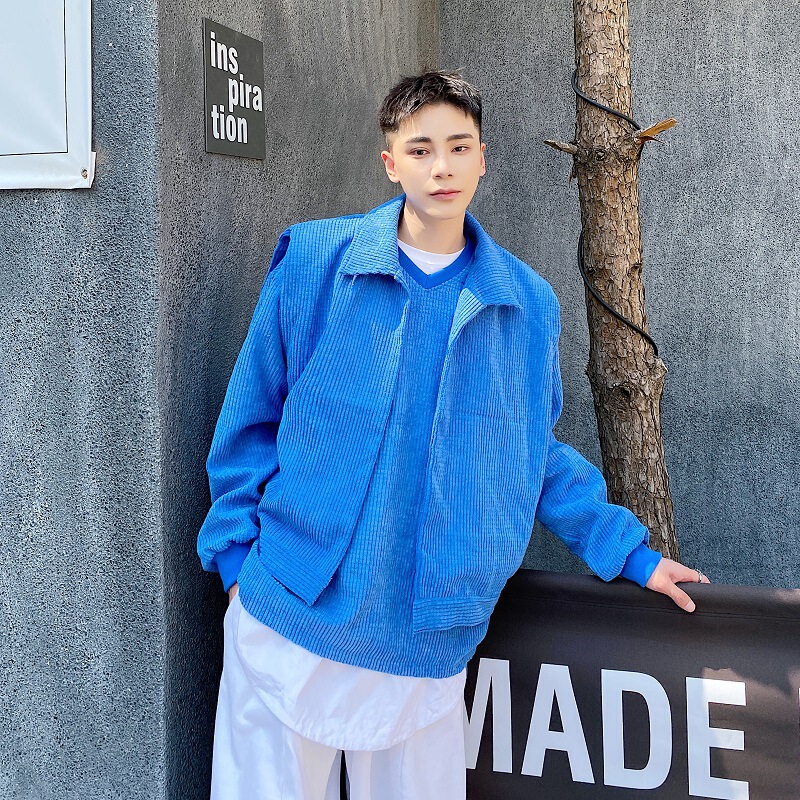 Klein Blue Jacket Two-Piece V-Neck T-Shirt + Vest ins Korean Men's Fashion Collocation Jacket Joker