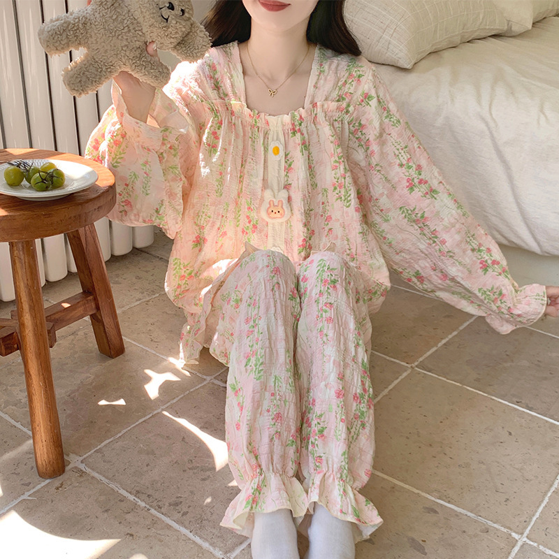云朵棉睡衣女带胸垫春秋季新款公主风碎花长袖长裤宽松家居服套装|undefined