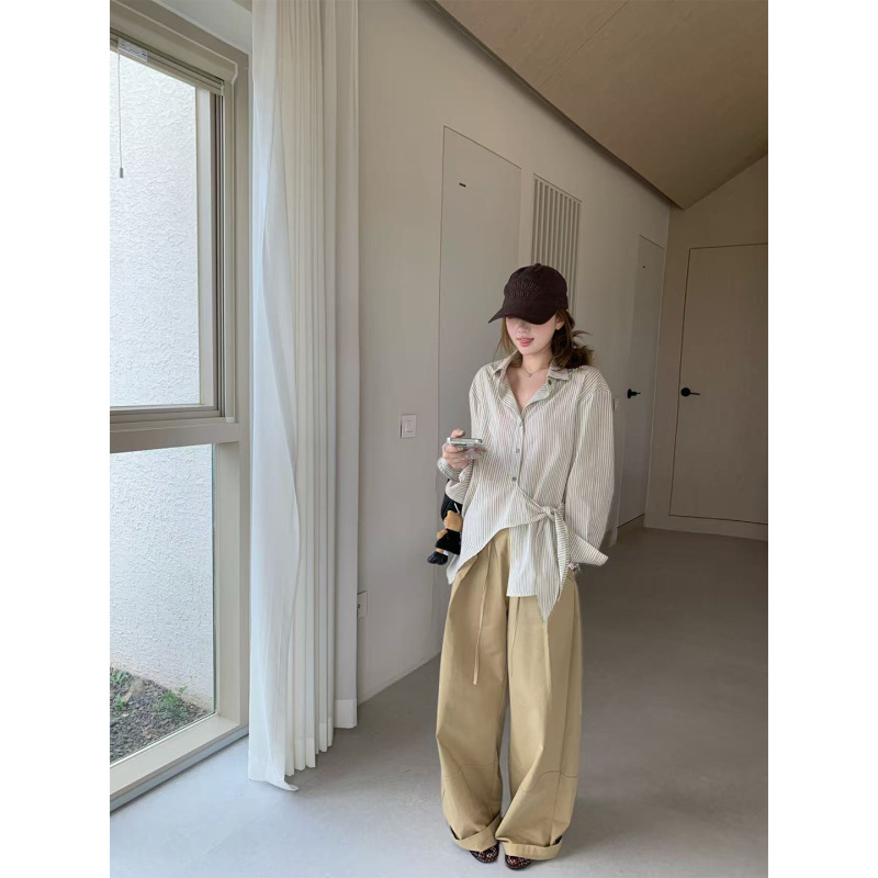 im向 南韩艺术生’百搭设计感不对称长袖上衣女宽松门襟绑带衬衫|undefined