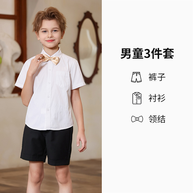 Traje de vestir para niños Traje de actuación de manga corta de verano para niños Anfitrión de piano Traje de interpretación de recitación del Día del Niño al por mayor