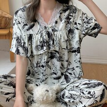 防凸点棉绸睡衣女士夏季薄款夏天短袖长裤人造棉荷叶边套装家居服