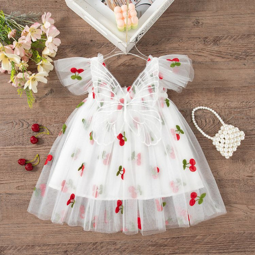 Korean-style girls' embroidered mesh dress for infants and toddlers, sleeveless spaghetti straps, butterfly children princess dress, trendy