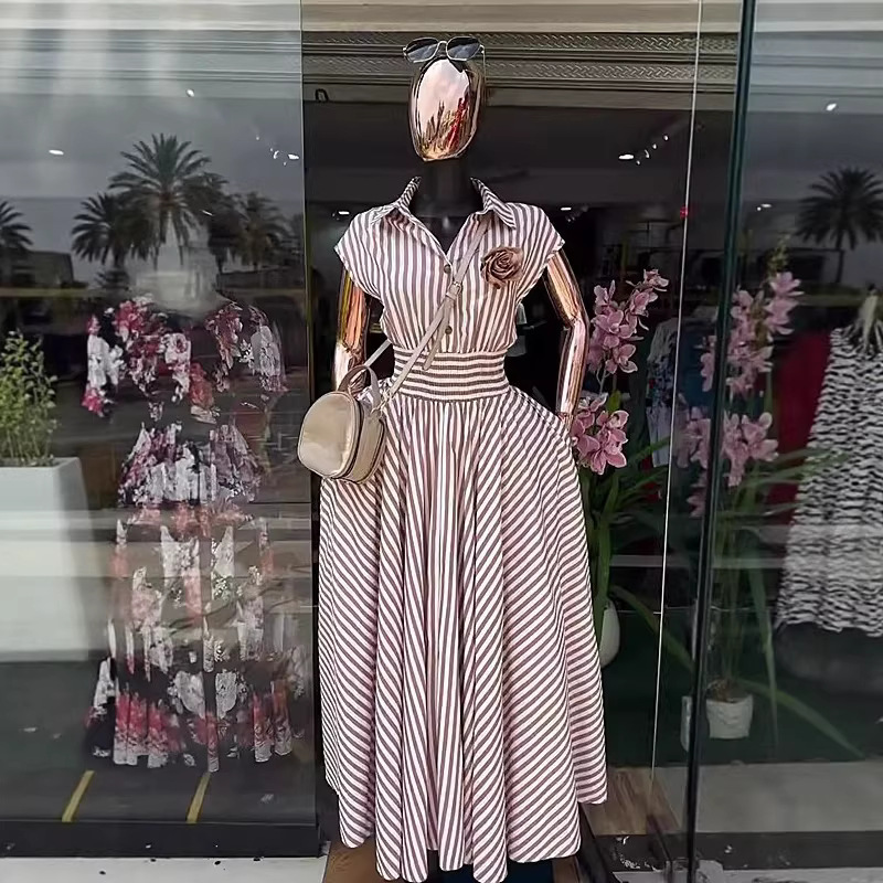 Women's Clothing Spring New Arrival Elegant Retro Striped Shirt Collar Short Sleeve Full Skirt Dress Fashion Waist Cinching American Style_ecoleips.com