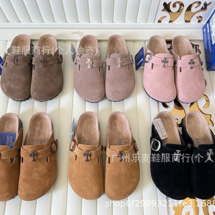 牛皮版克罗伈包头半拖十字架一脚蹬外穿懒人厚底男女同款博肯拖鞋