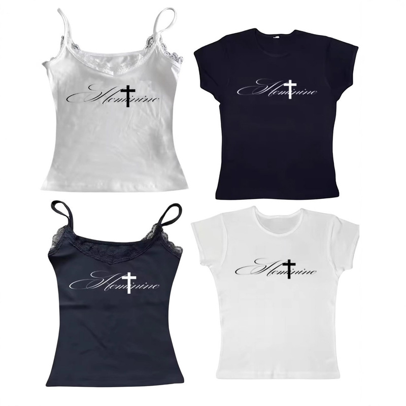 American Style Hot Diamond Letter Short-Sleeved Women's Shirt Summer New Slim Fit Retro Right Shoulder Hot Girl Short Top