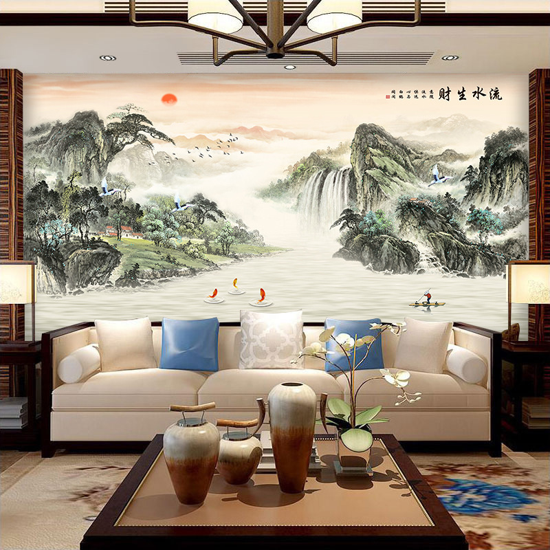 电视背景墙壁画新中式山水画流水生财壁布3D立体壁纸客厅影视墙布|undefined