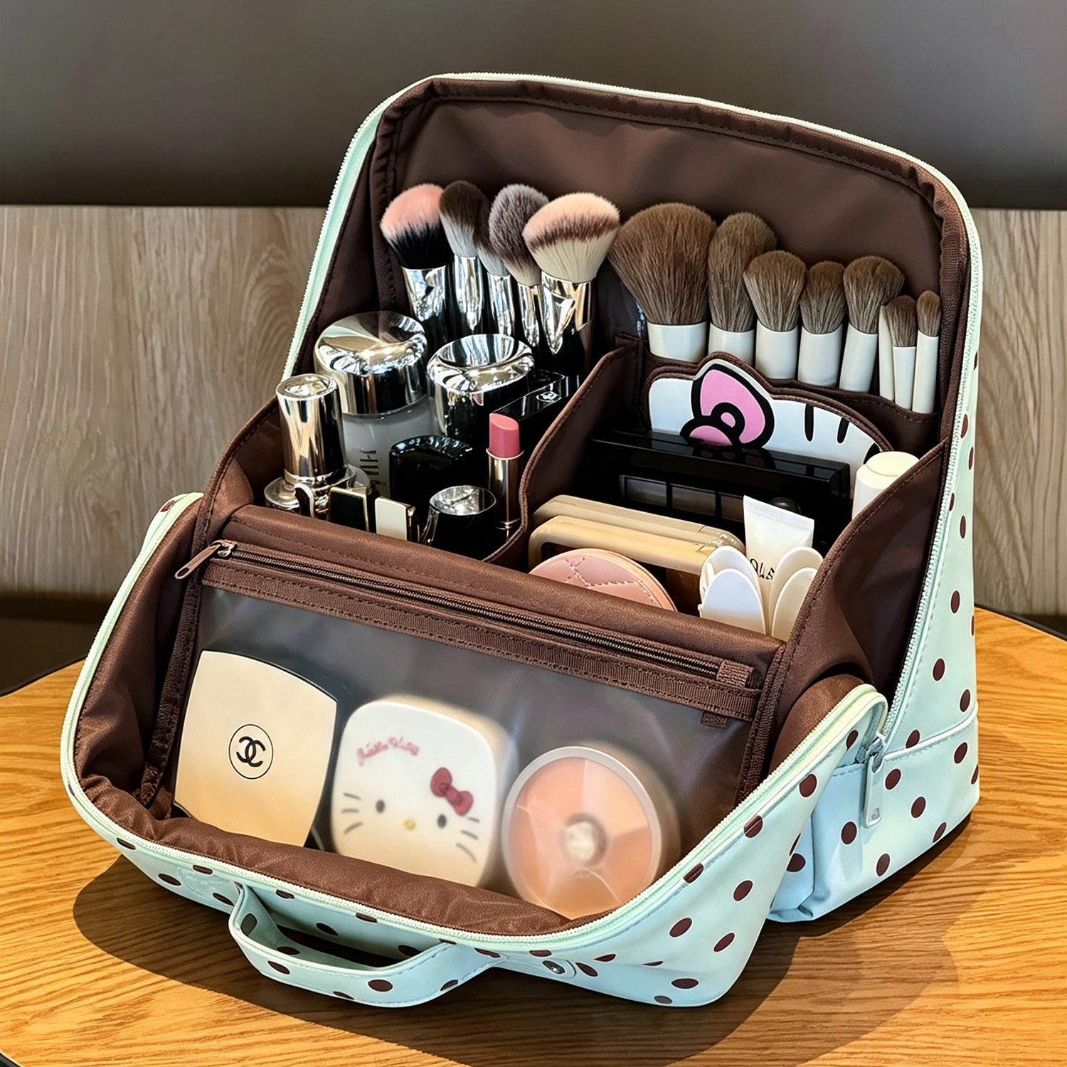 도트 스탠딩 대용량 여행용 화장품 파우치 캐리어 결합 수납 가방