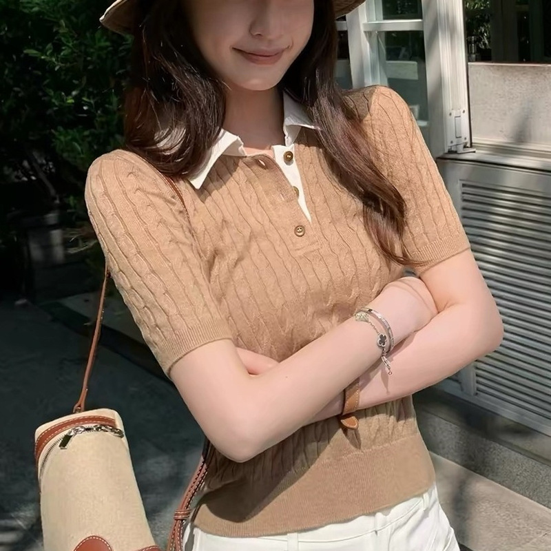 Lin12-Ivy Style Retro Polo Collar Cable Knit Short-Sleeve Sweater Old Money Style Slim Fit Top Lin12-Ivy Style Retro Polo Collar Cable Knit Short-Sleeve Sweater Old Money Style Slim Fit Top