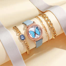 青少年学生手表手链套装 蝴蝶皮带手表+链条手链4pcs/set潮流腕表