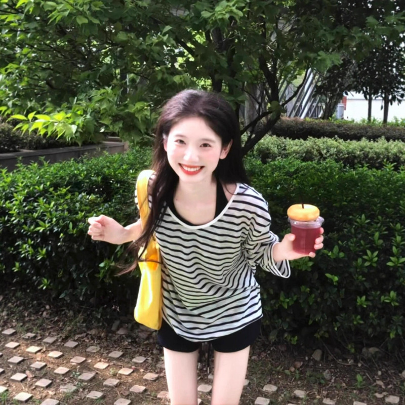 韩系V领条纹防晒罩衫长袖t恤女秋季穿搭轻薄款宽松百搭慵懒风上衣|undefined