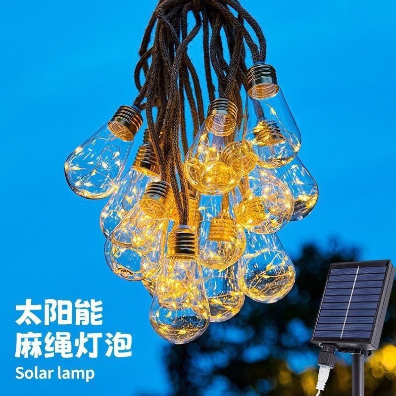 户外太阳能麻绳串灯防水露营灯串圣诞节装饰铜丝灯串庭院装饰灯|undefined