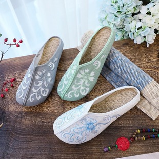Slippers Linen Peony Embroidered Cloth Shoes Round Toe Flat Sandals 2 Spring and Summer New Women's Embroidered Shoes