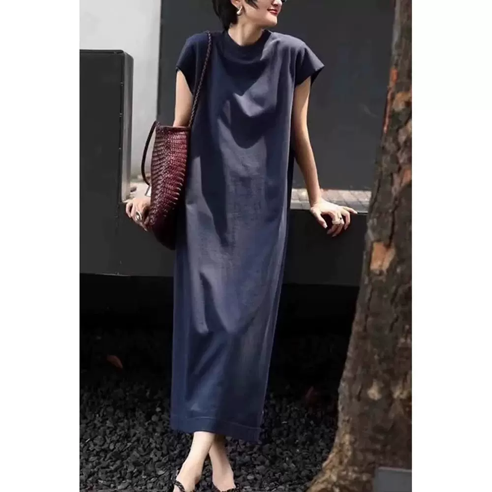 韩系简约高级感休闲蓝色连衣裙女夏季设计感宽松气质显瘦百搭长裙