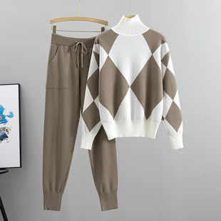 Amazon Foreign Trade Cross-Border Fashion Suit Women's Autumn and Winter New Casual Knitted Plaid Sweater Two-Piece Set European Trend