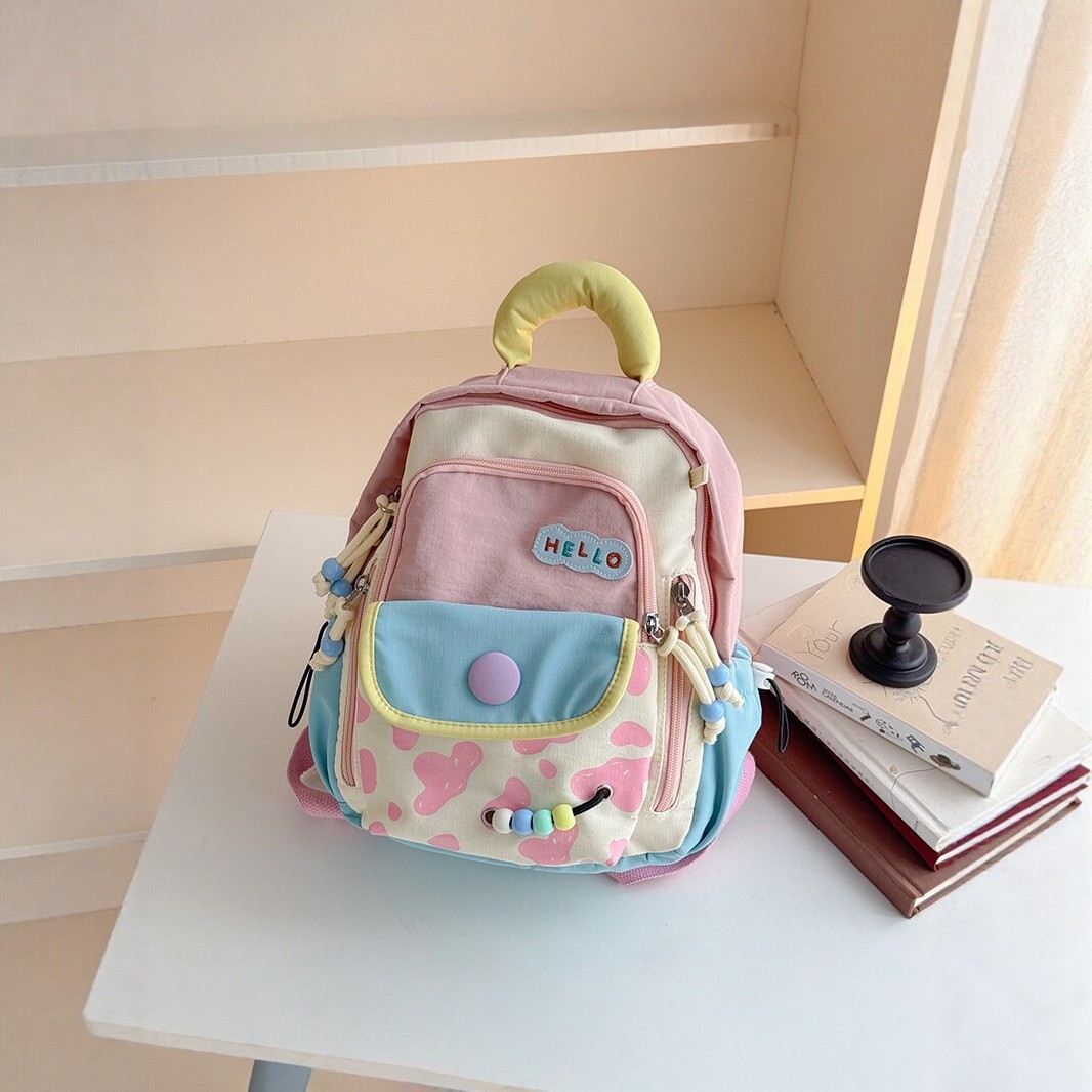 Children's Color-Block Cartoon Backpack, Cute School Bag for Kindergarten, Lightweight and Comfortable for Boys and Girls, Oxford Cloth, Trendy Design