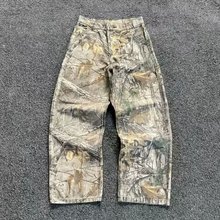 跨境欧美高街vibe裤子牛仔裤美式直筒拼接泼墨微喇长裤男一件代发