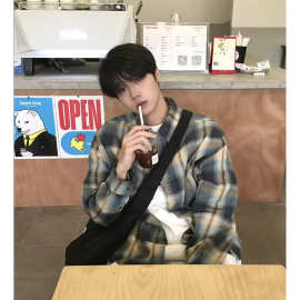 vintage格子衬衫男春秋季日系青少年初冬外套高级感潮牌长袖衬衣