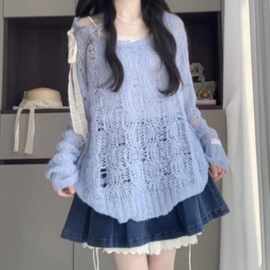 韩系慵懒风镂空针织衫上衣女装早春宽松显瘦夏季薄款露肩防晒罩衫