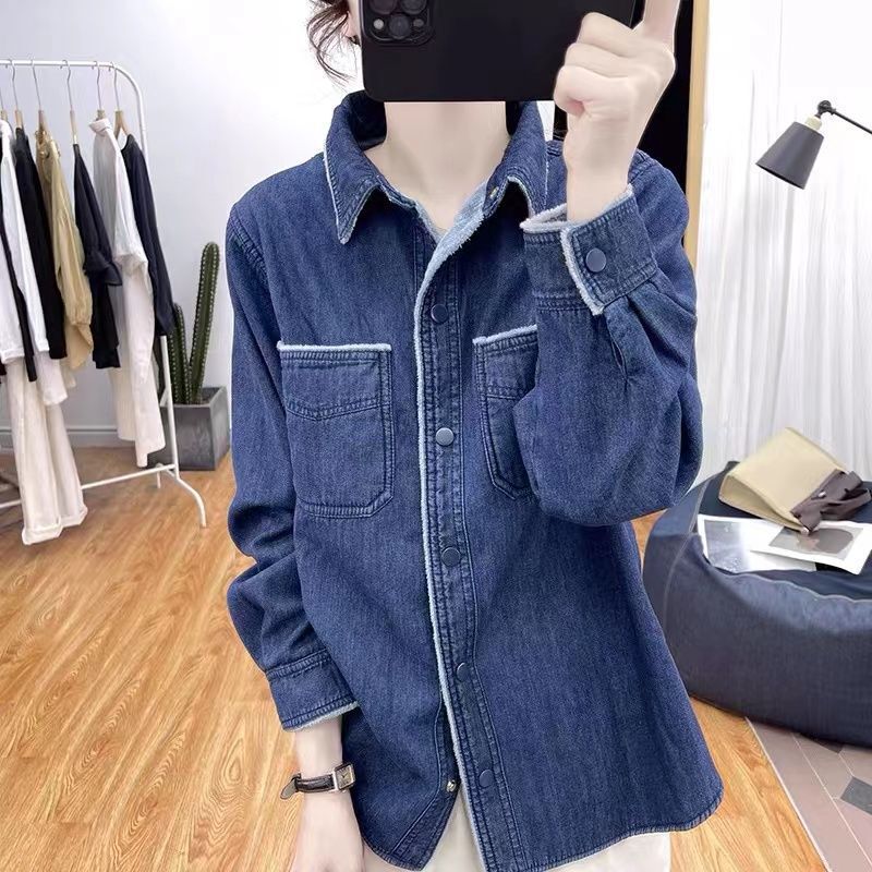 Korean Winter Fashion Boutique Fleece-Lined Denim Long-Sleeve Shirt Women's Top 2026 Turn-Down Collar Thickened Warm Jacket Korean Winter Fashion Boutique Fleece-Lined Denim Long-Sleeve Shirt Women's Top 2026 Turn-Down Collar Thickened Warm Jacket