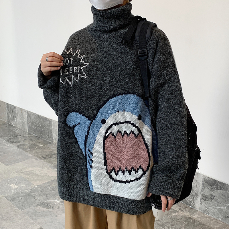 Winter Japanese Style Cartoon Shark Turtleneck Sweater for Couple Men's Trendy Brand Loose Korean Style Sweater ins Hong Kong Style Top