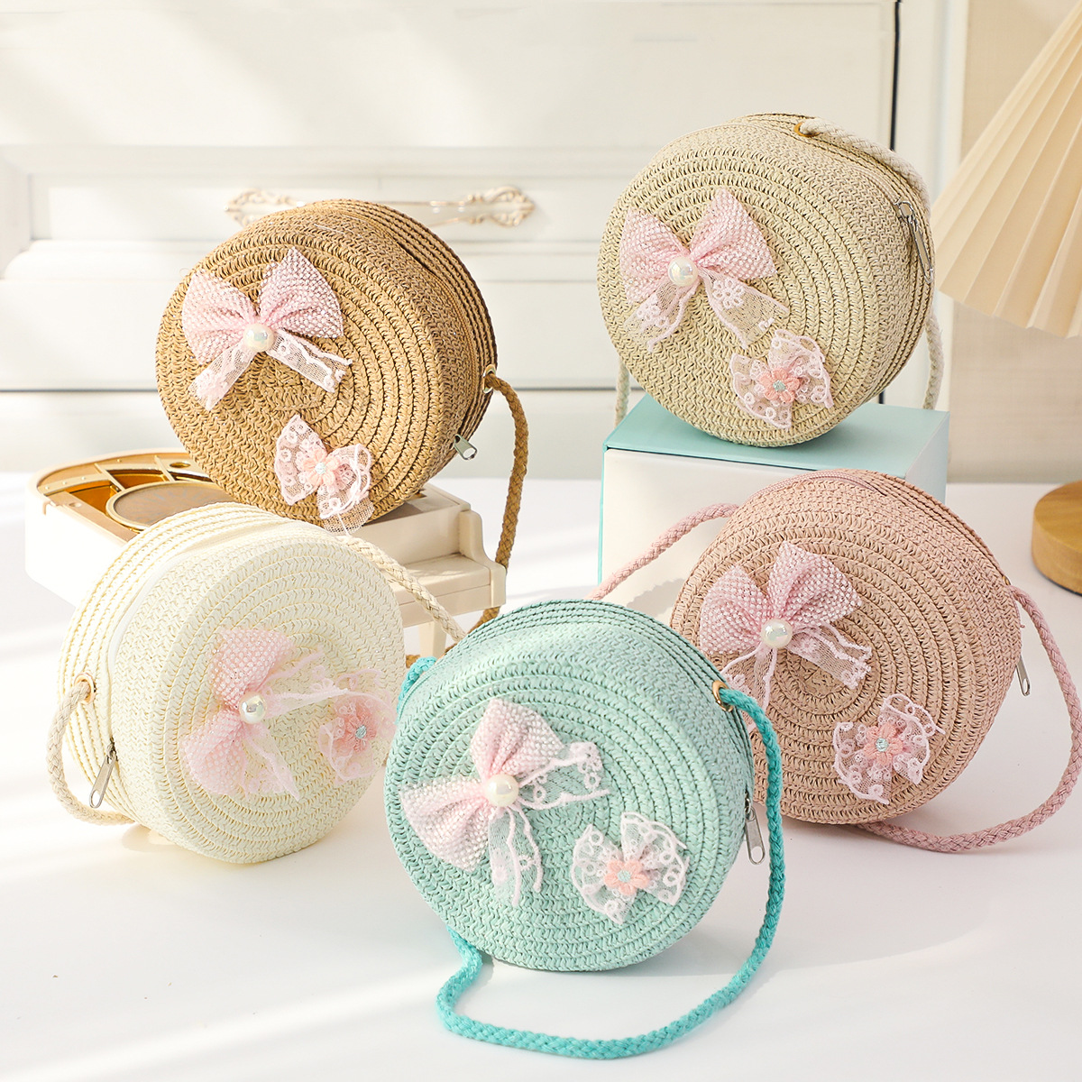 2026 New Style Small Round Bag with Cute Decoration, Coin Purse, Cross-Body Woven Bag