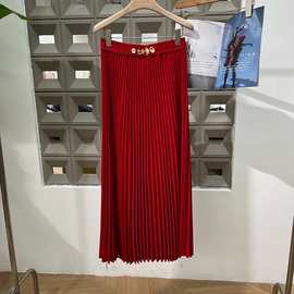 2025秋季新品松紧腰拼接装饰百褶长款半裙英伦职场轻奢时尚