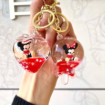 Cartoon Cross-Border Bow into Oil Mickey Mouse Quicksand Bottle Keychain Liquid Lollipop Pendant Small Gift Wholesale