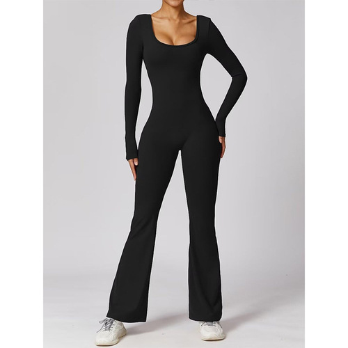 Women's Cross-Border European and American 2025 Autumn New Solid Color Tapered Hip Bodysuit with Long Sleeve Backless Sports Yoga Wear
