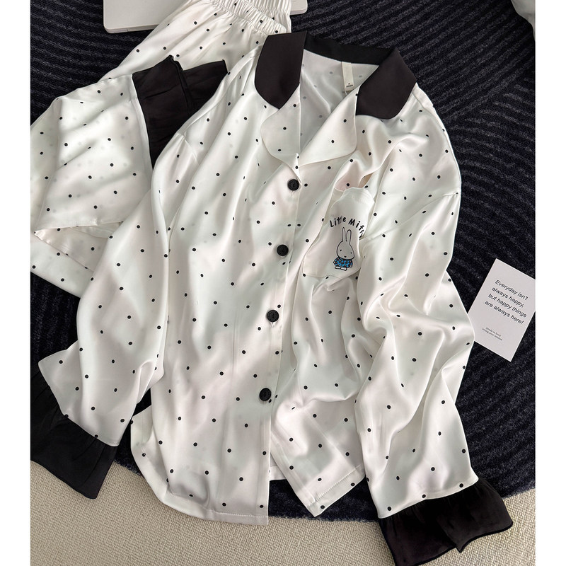 Cute Miffy Rabbit Pajamas for Women, Spring and Autumn Ice Silk Polka Dot Long Sleeve Long Pants, Summer 2025 New Home Wear Cute Miffy Rabbit Pajamas for Women, Spring and Autumn Ice Silk Polka Dot Long Sleeve Long Pants, Summer 2025 New Home Wear