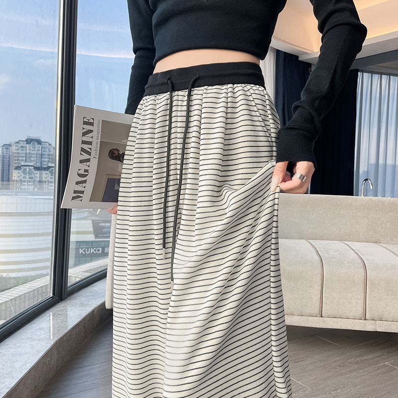 撞色条纹阔腿裤女2025秋款宽松羊绒百搭慵懒风高腰垂顺针织糯米裤|undefined