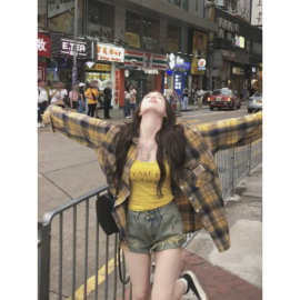 港风复古黄格子衬衫女春夏设计感小众薄款防晒衬衣外套