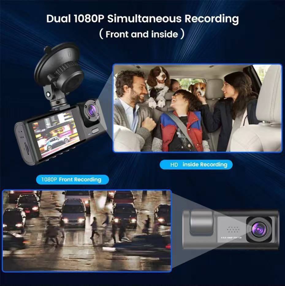 C309 Three-Lens Wifi Dash Cam with Automatic Collision Recording, Dual-Chamber Video Recording for Both Inside and Outside the Car