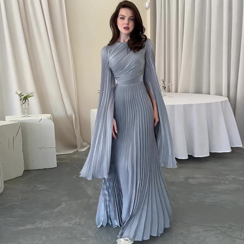 Autumn 2024 New European and American Cross-border Amazon Cross-border Solid Color Waist Fairy Elegant Long Evening Dress for Women