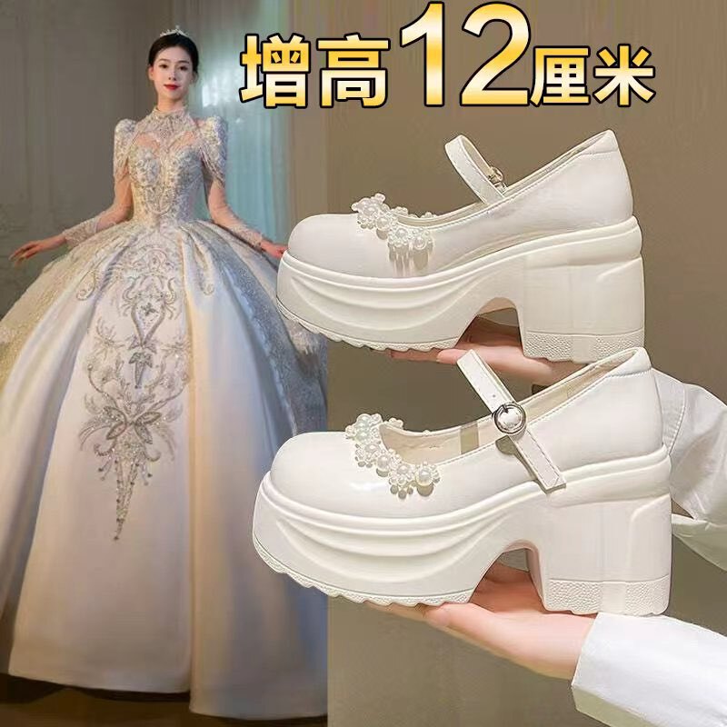 12cm high-heeled wedding shoes for the bride, with internal height increase, one-strap buckle, chunky heel, pearl Mary Jane shoes for the wedding reception 12cm high-heeled wedding shoes for the bride, with internal height increase, one-strap buckle, chunky heel, pearl Mary Jane shoes for the wedding reception