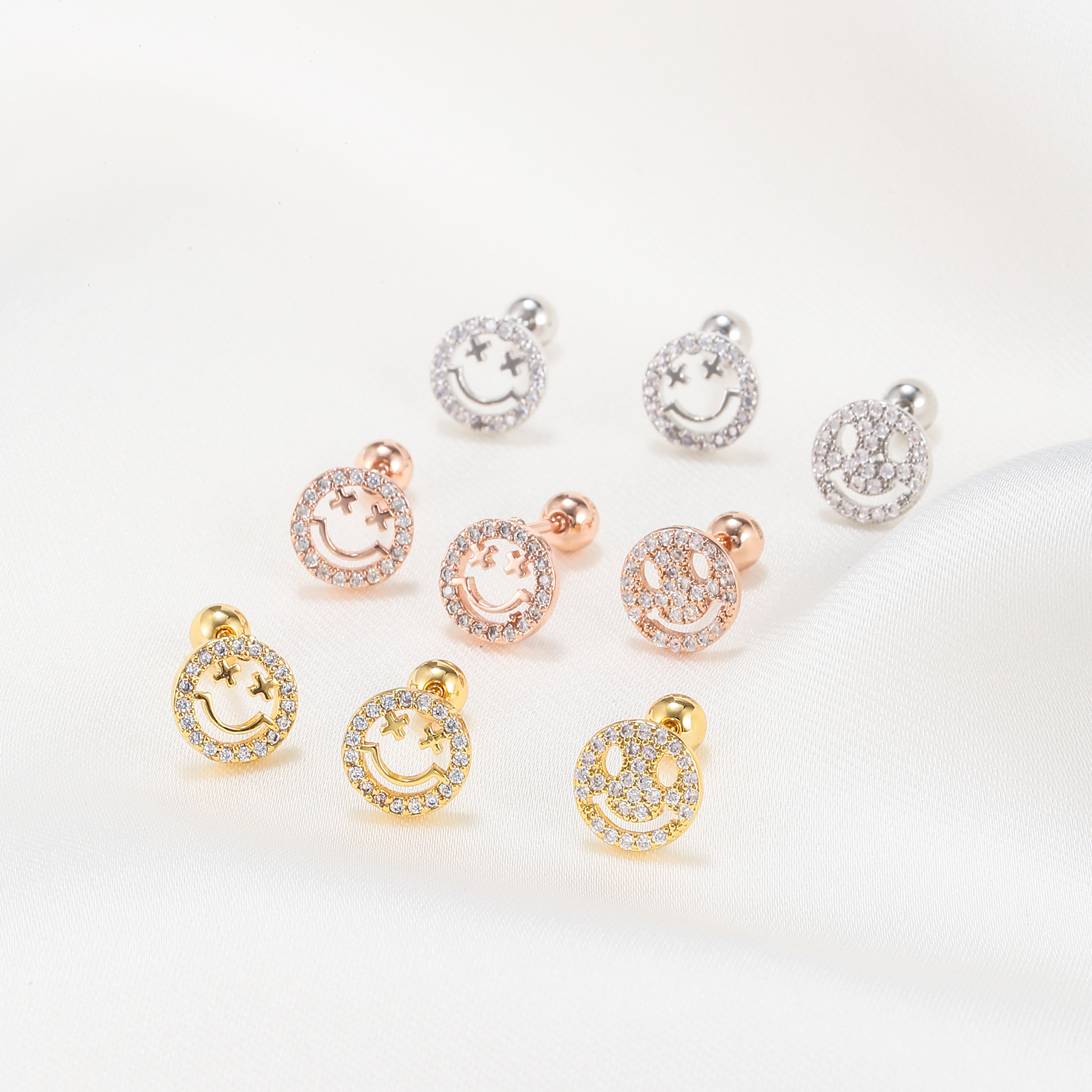 classic smiley face copper ear studs piercing screw ball creative hollow smile ear studs