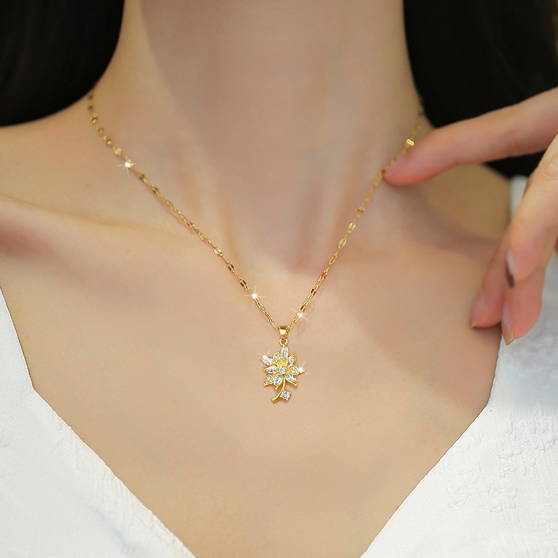 Simple Style Flower Titanium Steel Inlay Zircon Pendant Necklace 1 Piece