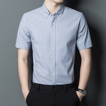 棉质翻领短袖衬衫男士夏季休闲商务条纹半袖衬衣修身薄款上衣