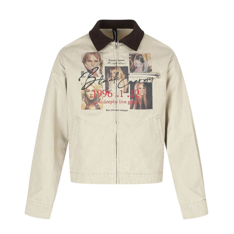 American retro portrait print men's jacket with vintage graphic combination print, turn-down collar, zip-up, short workwear jacket